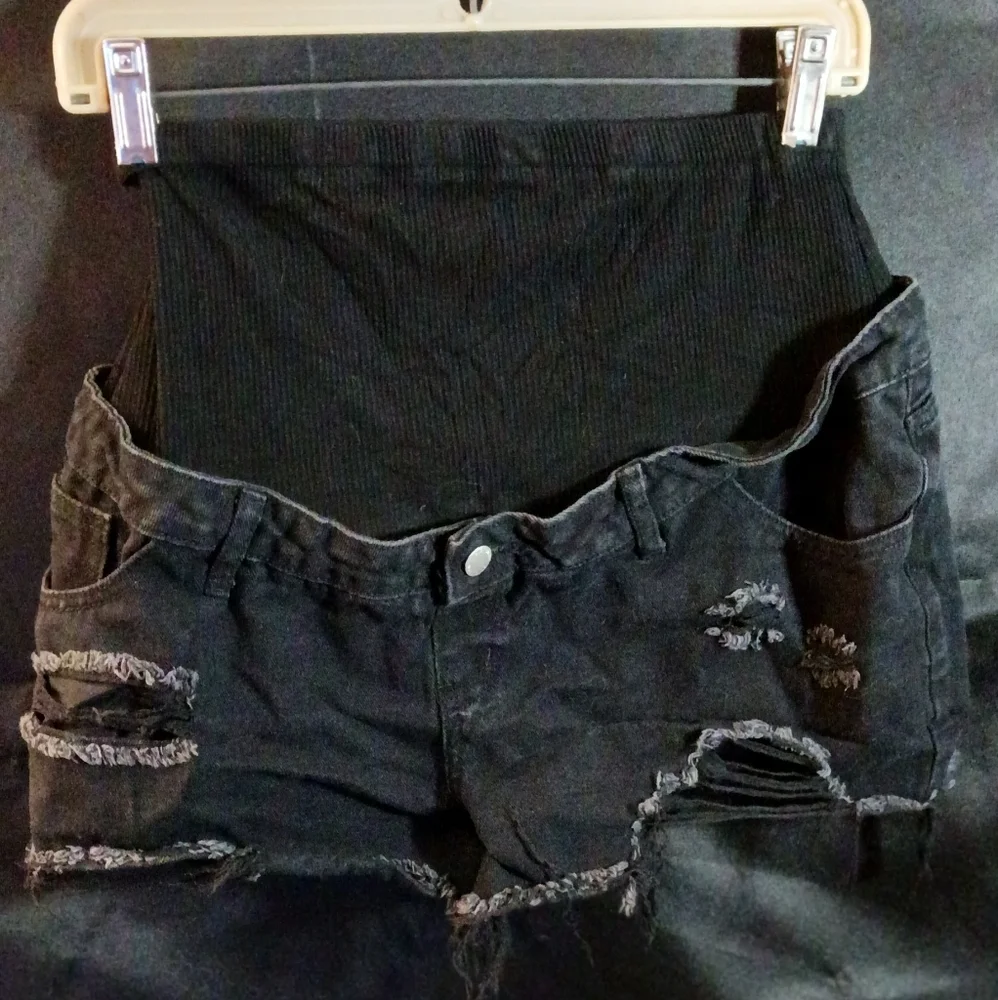 Black Distressed Maternity Denim Shorts | Over-Belly Panel | Stretch | Casual - Picture 7 of 9